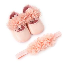 First Walkers White Pink Bowknot Baby Girl soft sole Shoes Toddler Prewalker Baptism Christening Bed Summer Headband Set 221117