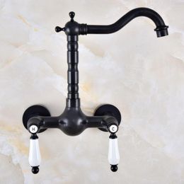 Bathroom Sink Faucets Black Oil Rubbed Bronze Kitchen Faucet Mixer Tap Swivel Spout Wall Mounted Two Handles Mnf857