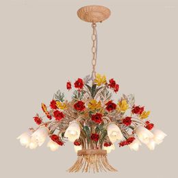 Chandeliers American Retro Living Room Bright Red Lamp Bedroom Princess Chandelier Restaurant Study Ceramic Hanging Lamps