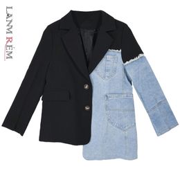 Women's Jackets LANMREM Autumn loose suit stitching denim coat irregular single breasted Colour block jacket female fashion coats 2A04505 221117