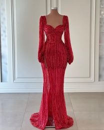 Exquisite Red Evening Women Long Sleeves V Neck Backless Floor Length Lace Side Slit Sequins Beaded Sexy Prom Dress Formal Gowns Plus Size Tailored