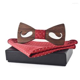 Bow Ties Sitonjwly Men's Hollow Carved Wood Bowties Set For Man Pocket Square Towel Wedding Butterfly Wooden Cravat