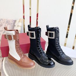 Rhinestone square button women's boots 2022 autumn and winter round head thick soled short boots lace up medium leather Martin thin leg