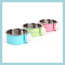 Dog Bowls Feeders Stainless Steel Pet Dog Cat Bowls Lock On Cage Feed Drink Supplies Drop Delivery Home Garden Dhbji