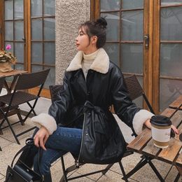 Women's Leather Faux Winter Oversized Jacket Women with Rex Rabbit Fur Inside Warm Soft Thickened Lined Coat Long Sleeve 221117
