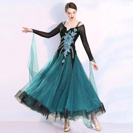 Stage Wear Green Sequins Long Sleeves Ballroom Dance Dress For Dancing Clothes Tango Costumes Waltz