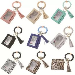 Fashion PU Leather Bracelet Wallet Keychain Party Favor Tassels Bangle Key Ring Holder Card Bag Silicone Beaded Wristlet Keychains Handbag Women Jewelry SS1117