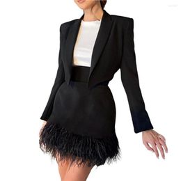 Work Dresses Two Piece Set Women Outfit Coat Skirt Long Sleeve Two-piece Polyester Ladies Breast Wrap Tops A-line For Office