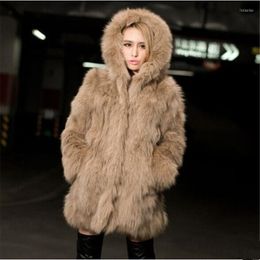 Women's Fur 2022 Faux Coat Winter Women's Foxfeather Long Sections Imitation Outerwear Warm Hooded Artificial Surcoat