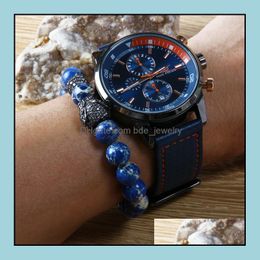 Beaded Animal Jewellery Wholesale 10Pcs/Lot 10Mm Blue Sea Sent Stone Beads With Micro Pave Cz Big Leopard Bracelets For Mens Gift Drop Dhkfq