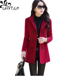 Women's Wool Blends UHYTGF Fashion Winter Jacket Womens Double Breasted Short Coat Solid Color Korean Slim Female en Loose Size 1150 221117