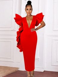 Ethnic Clothing African Women Red Dresses For Party Formal Elegant Ruffle V-Neck Short Sleeve Peplum Africa Ladies Christmas Wedding Gowns