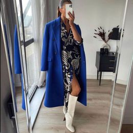 Women's Wool Blends XEASY Coat Autumn Woollen Long Overcoat Jackets For Women Blue Jacket Cardigan Streetwear 221117