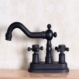 Bathroom Sink Faucets Black Oil Rubbed Bronze 4" Centerset Two Holes Basin Faucet Mixer Tap Swivel Spout Double Cross Handles Mnf149