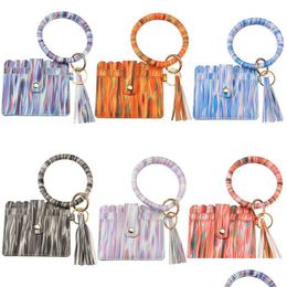 Party Favour Pu Leather Card Bag Keychains Party Bracelet Keychain Wallet With Tassels String Bangle Key Ring Holder Wristlet Handbag Dh7Ij