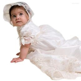 Girl Dresses Baby Christening Dress Set With Lace Cape Bonnet Hat Formal Clothes Born Baptismal Outfits White Satin Baptism