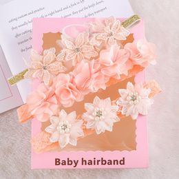 Hair Accessories 3Pcs/Lot Sweet Pearl Flower Baby Headbands For Girls Lace Crown Bow Band Nylon Elastic Kids