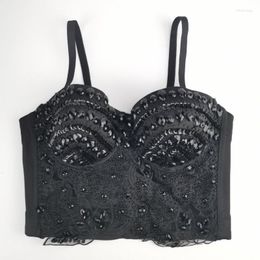 Women's Tanks Black Color Hand-made Beaded Gaga Rhinestone Bustier Pearls Push Up Night Club Bralette Women's Bra Cropped Top Vest