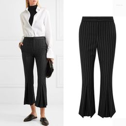 Women's Pants Autumn Female High Waist Longer Length Corduroy Flare Trousers Women's Was Thin Split On The Bottom Fashion Striped Wq632