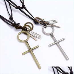 Pendant Necklaces Retro Jesus Cross Pendant Necklace Adjustable Leather Chain Necklaces For Women Men Punk Fashion Jewellery Gift Drop Dhmws