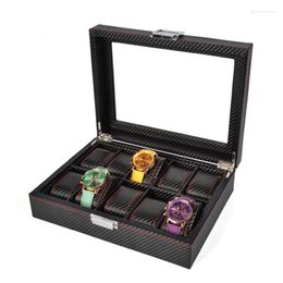 Uhrenboxen Luxusbox -Hülle Organisator All Black Men 10 Gitter Aufbewahrung Kohlefaser PU Leder Uhren Display Geschenkideen