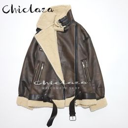 Women's Leather Faux CHICLAZA High Quality Women Winter Thick Warm Lambswool Jacket Female Oversize Biker Coat Casual Belt Overcoat 221117