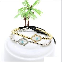 Charm Bracelets Design 4Mm Copper Beads With Micro Inlay Zircon Hamsa Hand Fatima Shell Eye Cz Charm Mens Rame Braided Bracelet Drop Dh7Bp