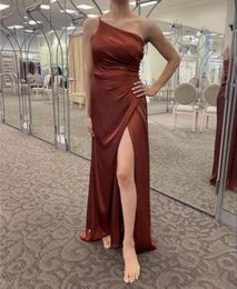 Elastic Satin One-shoulder Sleeveless Draped Bridesmaid Dresses A-line Formal Split Party Gowns