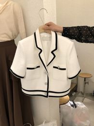 Women's Jackets Temperament Korean Tweed White Short Sleeve Jacket Crop Fashion Summer Slim Black Suits Woollen Cardigan Top 221117