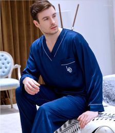 Men's Sleepwear Men's Ice Silk Satin Homewear Long Sleeved V Collar Set All Seasons Home Clothes Students Leisure Youth Plus Size