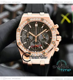 26231 37mm Miyota Quartz Chronograph Ladies Watch Rose Gold Diamonds Bezel Black Textured Dial Stick Rubber Strap Womens Watches Stopwatch Swisstime E245E5