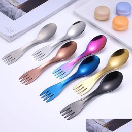 Spoons Two Head Stainless Steel Spoon Fork Home Kitchen Dining Flatware Noodles Ice Cream Dessert Spoons Outdoor Cam Tableware Cutle Dhers