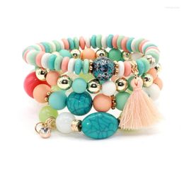 Charm Bracelets 4pcs/set Brand Fashion Multilayer Crystal Candy Beads Tassel & Bangles Strand Stretch Friendship For Women