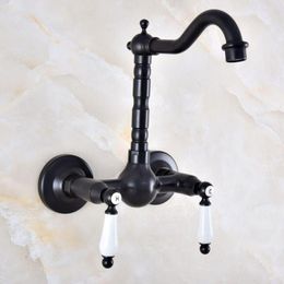 Bathroom Sink Faucets Black Oil Rubbed Bronze Kitchen Faucet Mixer Tap Swivel Spout Wall Mounted Two Handles Mnf869