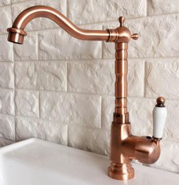 Kitchen Faucets Antique Red Copper Brass Bathroom Basin Sink Faucet Mixer Tap Swivel Spout Single Handle One Hole Deck Mounted Mnf402