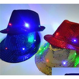 Party Hats Led Flash Sequins Glowing Hat Adts Children Hiphop Light Up Jazz Cap Dance Club Event Party Birthday Stage Perform Props Dhc0U