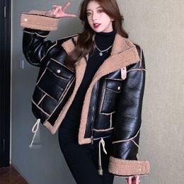 Women's Leather Faux 2023 Korean Lamb Fur Loose Short Padded PU Tooling Cotton Jacket Female Warm Parkas Black Winter Sheepskin Coat 221117