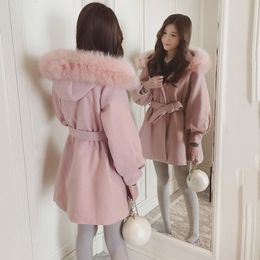 Women's Wool Blends Autumn and Winter Pink Coat Female Korean Loose Hooded Sashes Full Sleeve Office Ladies en Jacket f2122 221117