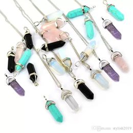 Bullet Shape Pendant Necklaces Real Amethyst Natural Crystal Quartz Healing Point Chakra Bead Gemstone Opal stone Pendant Chain Necklace Jewelry WCW082