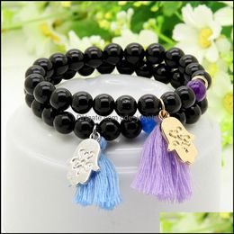 Charm Bracelets Design Wholesale 10Pcs/Lot 8Mm Black Onyx Stone Besds Blue And Purple Tassel Hamsa Fatima Hand Couple Bracelet Drop Dhp6B