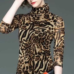 Women's T-Shirt 2022 Bottoming Shirt Women Foreign Style Leopard Print Long-sleeved T-shirt High-neck Thin Autumn New Top T220923