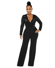 Women Jumpsuits Sexy Deep V Neck Lace Long Sleeve See Through One Piece Pant Outfit Wide Leg Jumpsuit Romper