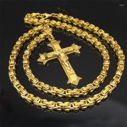 Pendant Necklaces HIPHOP 361L Stainless Steel Gold Colour Crystal Jesus Cross 5mm Heavy Link Byzantine Chain Men Necklace