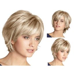 Women's Wigs Short Straight ffy Oblique Bangs Golden White High Temperature Silk Hair