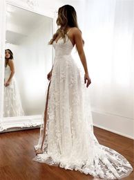 Charming Lace A Line Wedding Dresses Spaghetti Appliques Bridal Dress Sweep Train Backless Customize Garden Wedding Dress