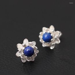 Stud Earrings 925 Sterling Silver Lapis Lazuli Pearl Lotus Flowers For Women Elegant Temperament Ear Jewellery
