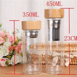 350/450Ml Double Wall Glass Water Bottle Tea Infuser Office Tea Cup Stainless Steel Philtres Bamboo Lid Travel Drinkware 1118