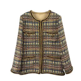 2022 Autumn Gold Plaid Contrast Trim Tweed Jacket Long Sleeve Round Neck Pockets Classic Jackets Coat Short Outwear A2N086445