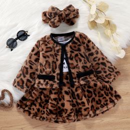 Clothing Sets 0 24M Baby Girls Autumn Winter Clothes Infant Leopard Fleece Coats Long Sleeve A Lined Dress Headband Warm Outfits 221118