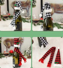 Wholesale Bar Tools Christmas Ornaments Set Xmas Mini Buffalo Plaid Wine Bottle Topper Cover Santa Hat Checked Scarf KD1
